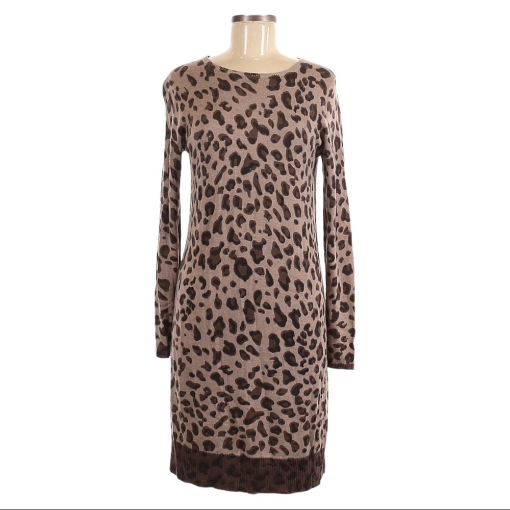Carmen Marc Valvo Long Sleeve Leopard Print Cashmere Blend Sweater Dress M
